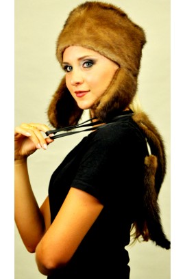 Mink fur hat Ushanka, with 2 real tails